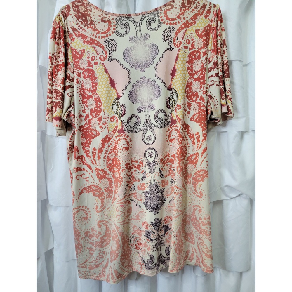 Apt 9 Womens 2X Paisley Floral Twist Front V-Neck Short Sleeve Coral Cream 1612 - Picture 4 of 5